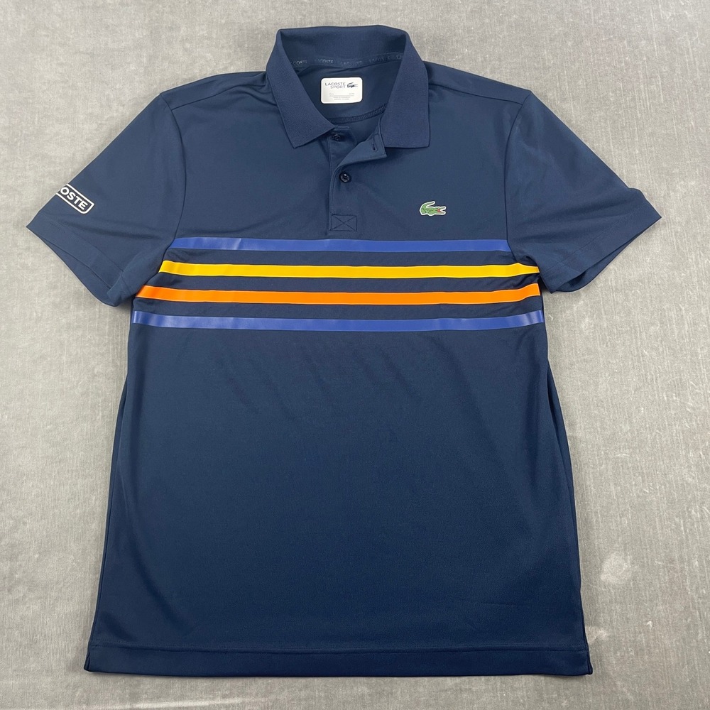 Lacoste Men Medium Navy Blue Polo Shirt Striped Performance Sport